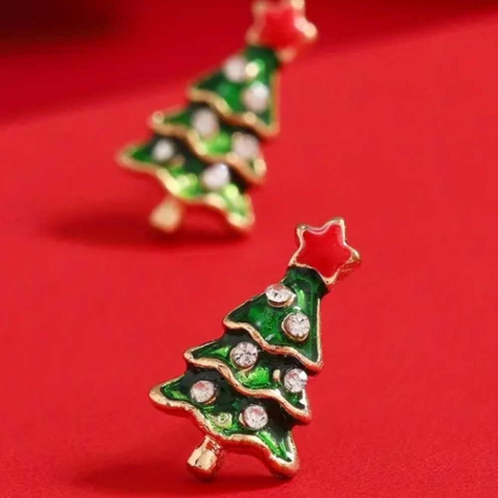 BOGO Festive 18 Kt Gold Plated Green Red Enamel Christmas Tree Stud Earrings - Picture 5 of 5